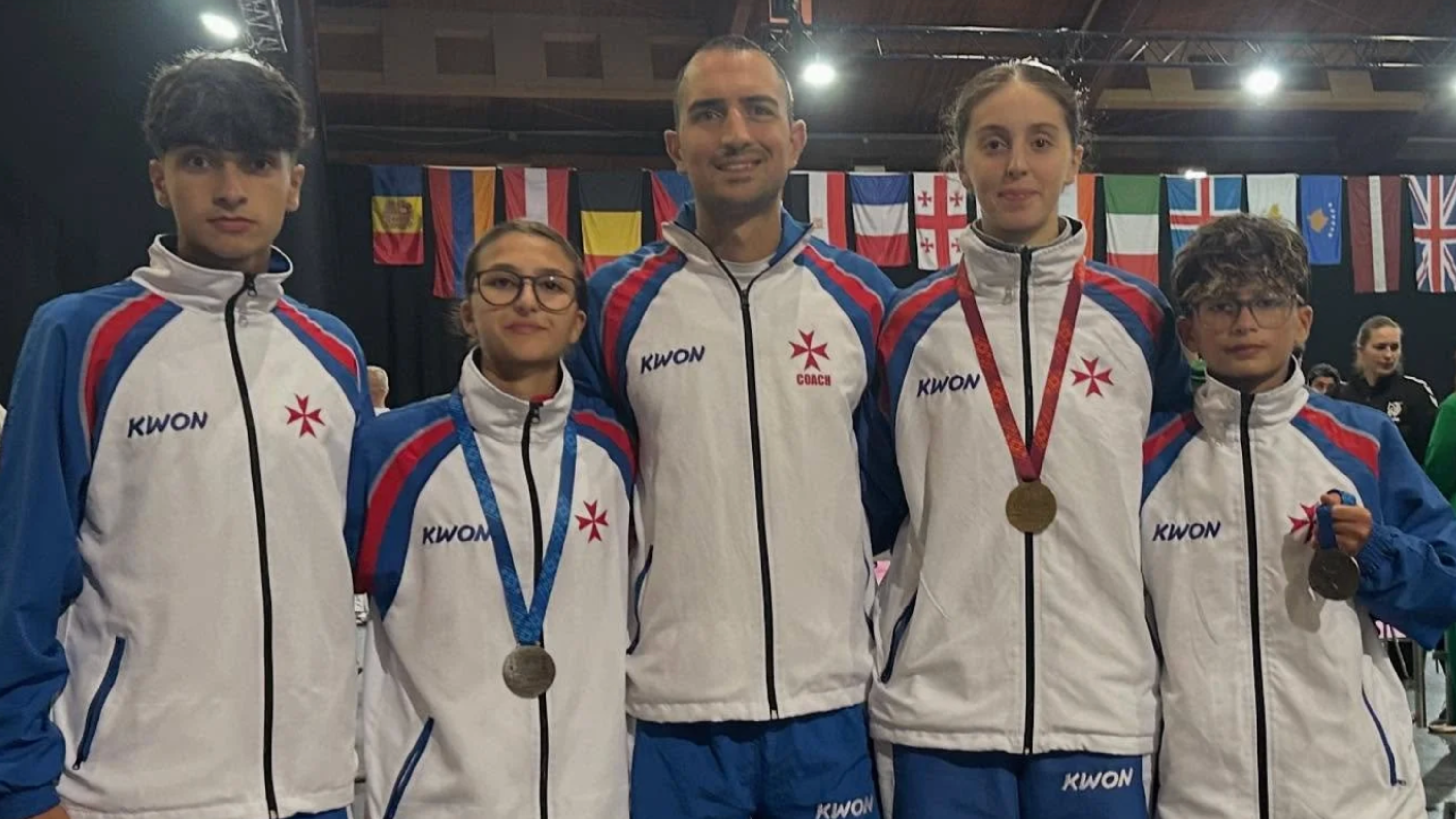 Athletes Luke Chricop, Michela Scerri, Alycia Cassar, and Jean Schembri with Coach Gianluca Barbara