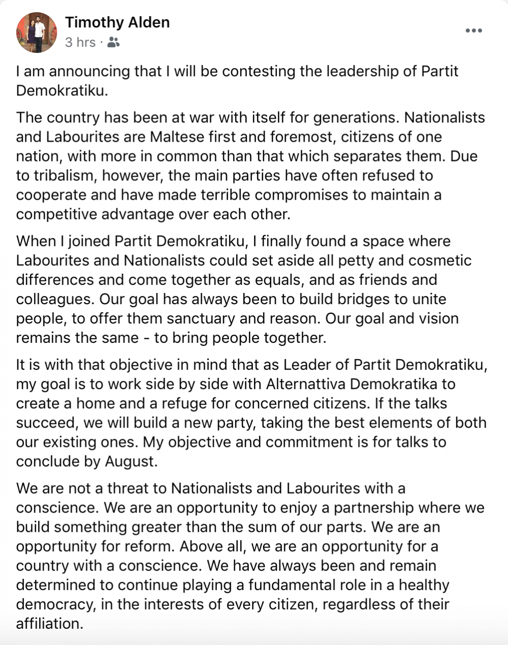 Timothy Alden announced he will be contesting the leadership of the Democratic Party