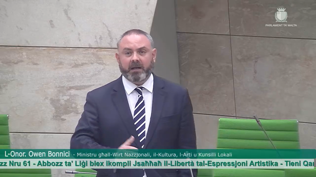 Owen Bonnici speaking during the second reading of the new legal amendment which seeks to protect artistic expression