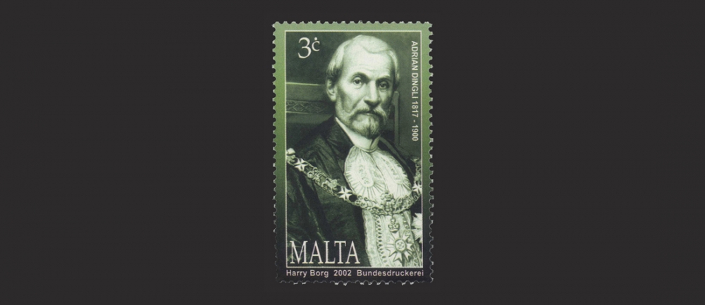 A postage stamp bearing a portrait of Sir Adrian Dingli