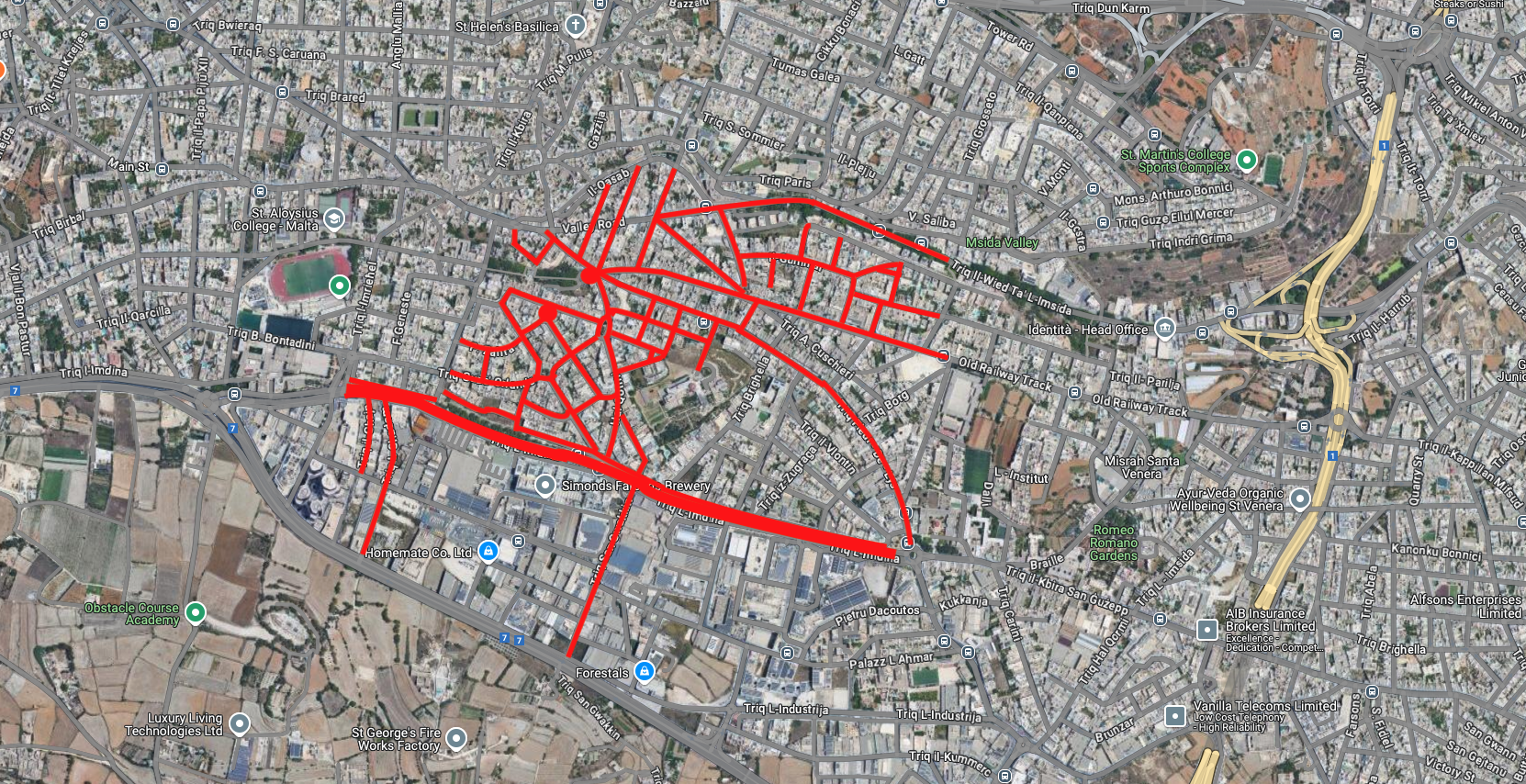The Birkirkara streets (red) that will be shifted to the 1st District from the 8th (Image: Google Maps)