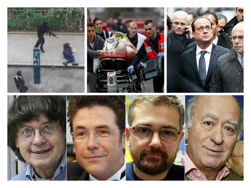 Images show shooting of a police officer on site as masked gunmen ran off from the Charlie Hebdo offices; the massacre left 12 dead, with President Francois Hollande describing it an attack of exceptional barbarism. Below: Dead – French cartoonist of the satirical newspaper Charlie Hebdo Georges Wolinski; cartoonist Jean Cabut, aka Cabu; newspaper publisher Charb; cartoonist Tignous