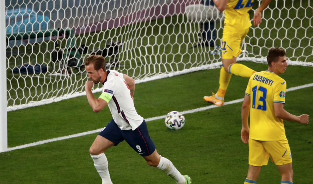 England captain Harry Kane celebrating his goal just four minutes into the match against Ukraine