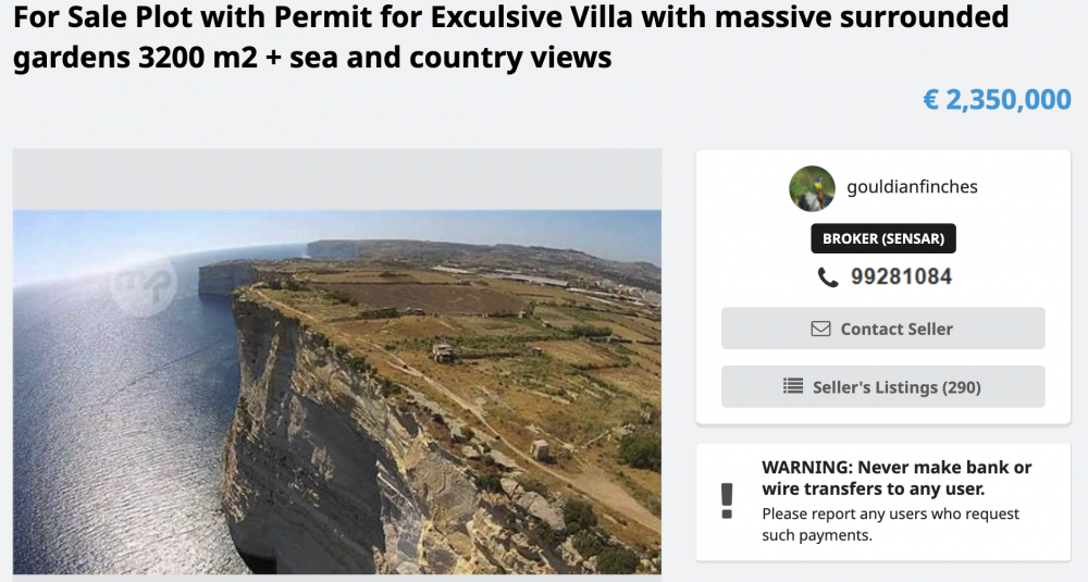 A Maltapark advert boasted of the Gozitan promontory’s sea views and a massive 3,200sq.m gardens for the prospective villa