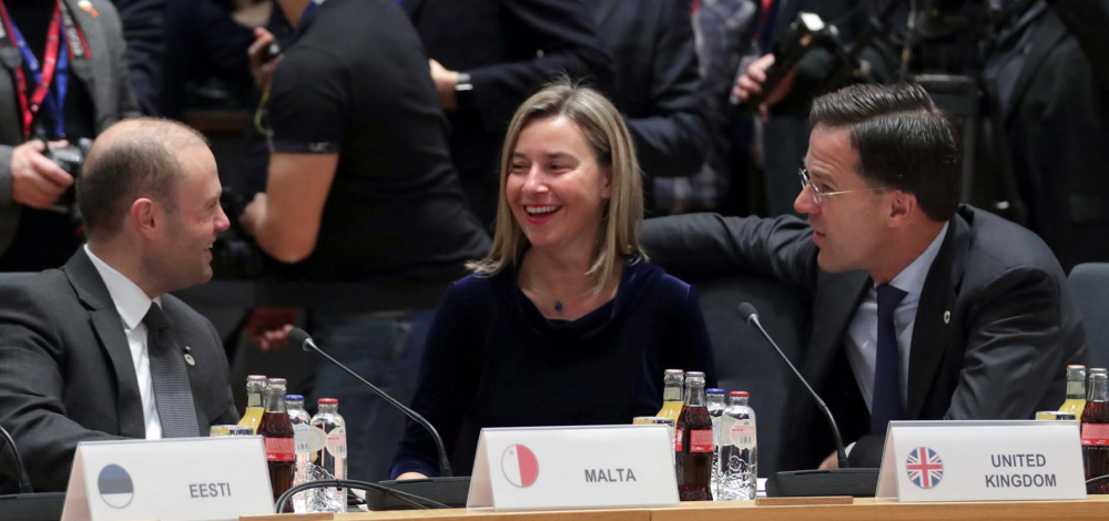 Prime Minister Joseph Muscat (left) with High Representative for Foreign Affairs Federica Mogherini and Dutch Prime Minister Mark Rutte