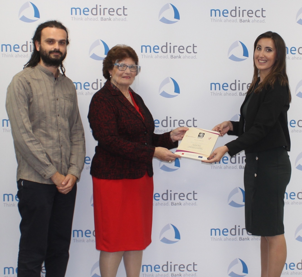 NCPE’s Ms. Renee Laiviera and Mr. Andre Callus hand the Equality Certificate to Francesca Farrugia, Senior Manager – HR at MeDirect Bank Malta