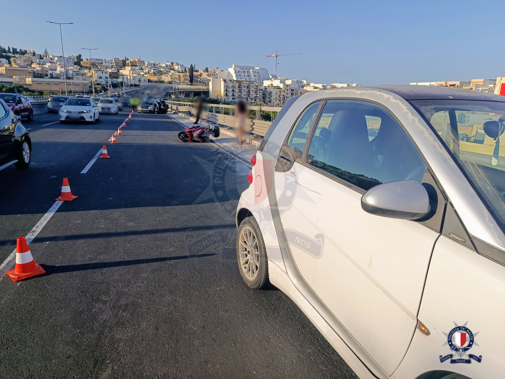 The motorcyclist was hospitalised following a collision with a Smart car (Photo: Malta Police)