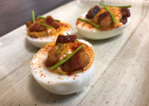 Deviled eggs with crispy pancetta and homemade mayo