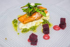 The Village Kitchen | Pan seared Salmon with beetroot, asparagus & horseradish crushed potato