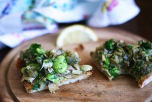 Artichoke and broad bean bruschetta