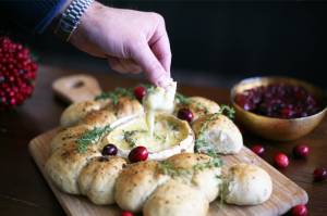 Baked Camembert in a festive bread roll wreath