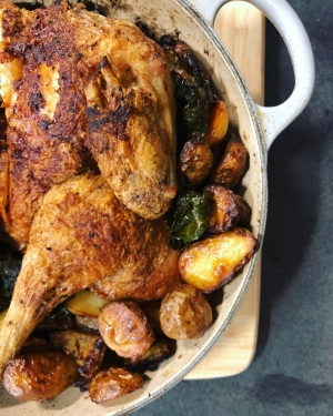 Pan roasted spatchcocked chicken with seasonal vegetables and salsa verde