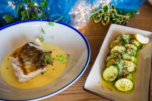 Seared cod on lentils with a mustard infused sauce