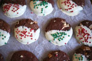 Malted chocolate cookies with white chocolate and almonds