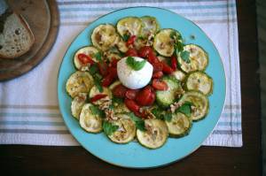 Roasted marrows with roasted tomatoes and mozzarella di bufola