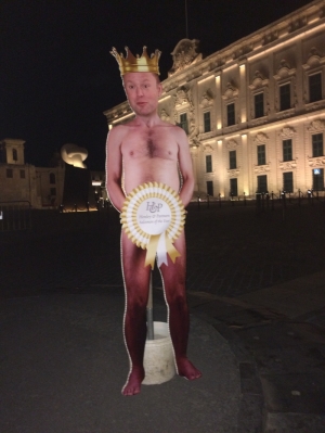 Cardboard cut-out of ‘naked emperor’ Joseph Muscat erected at Castille Place