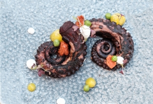 Charred Octopus, nduja, peas and lemon jam