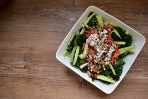 Basic green salad with sauteed oyster mushrooms