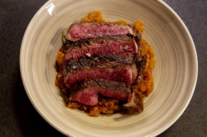 Steak, sweet potato mash and spinach