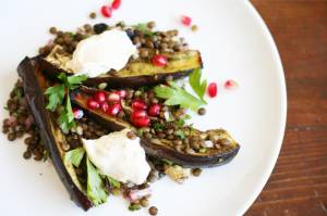 Za’atar roasted aubergines with lentils and tahini dressing