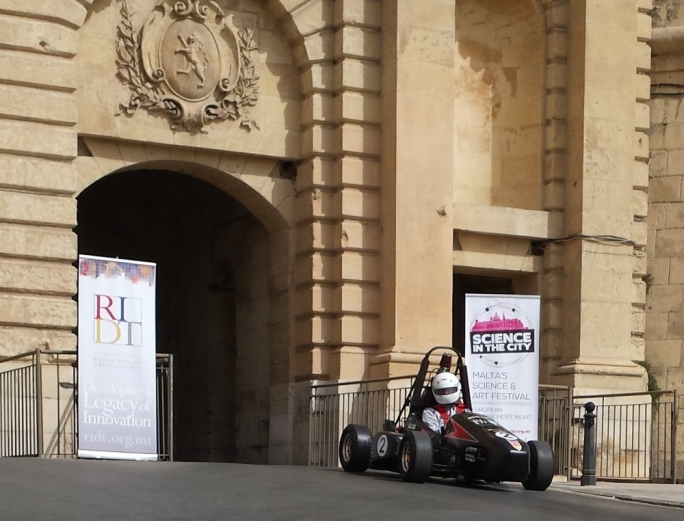 UoM Racing Formula style car being driven by Luke Cini at Victoria Gate, Valletta