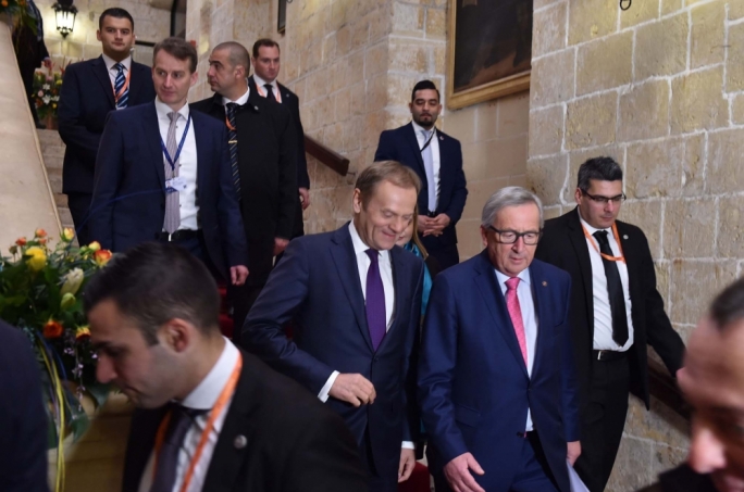 Donald Tusk (left), President of the European Council and Jean-Claude Juncker, President of the European Commission arriving at the Mediterranean Conference Centre • Photo: Jeremy Wonnacott, DOI