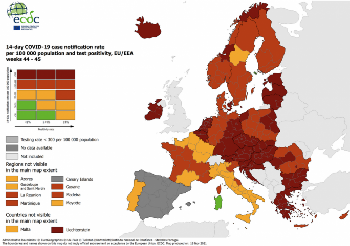 As per the ECDC guidelines, almost all European countries are currently on the orange and red list, following a spike in cases (Photo:ECDC)