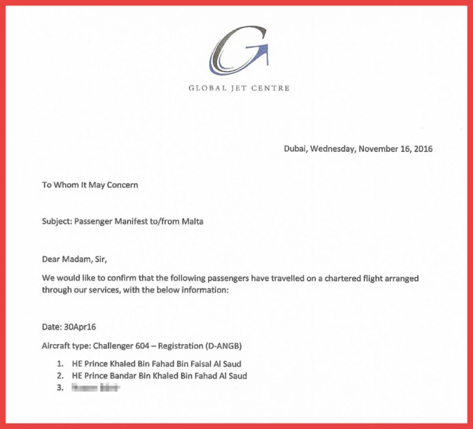 The private jet receipt presented by Saudi princes Khaled Bin Fahad and his son Bandar