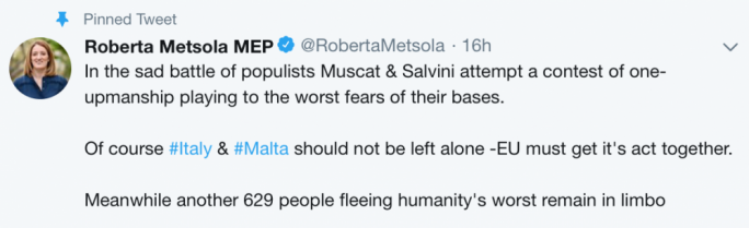 Roberta Metsola tweeting her disdain at Joseph Muscat's stand on the migrant crisis with Italy