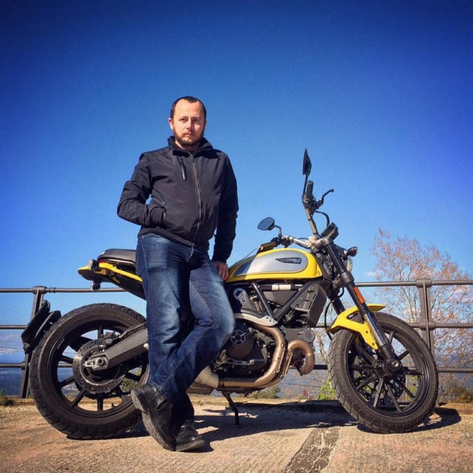Mark Bishop in Barcelona with another bike, a Scrambler Ducati