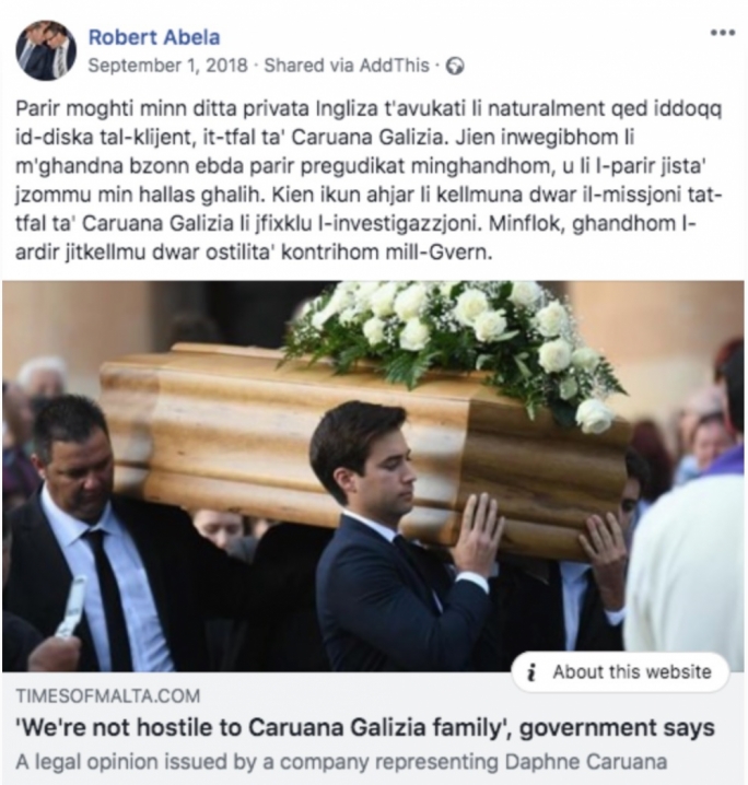 A screen shot of the Facebook post penned in 2018