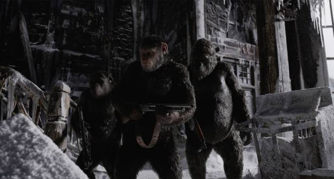 Hail Caesar!: The chimpanzee with a shotgun, together with his primate company, ready to War for the Planet of the Apes