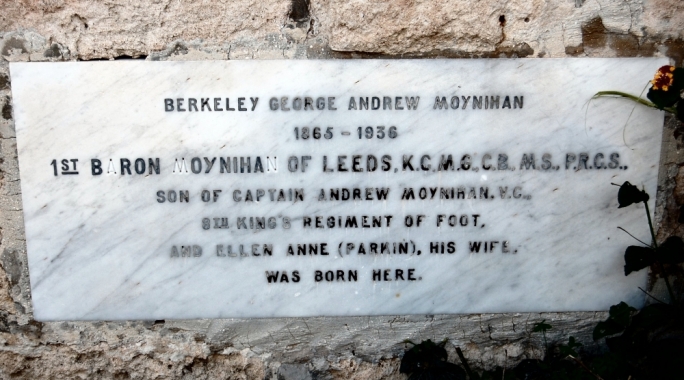 Plaque commemorating Lord Berkeley Moynihan who was born in the house (top) named after him.