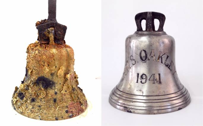 The bell before and after the cleaning process