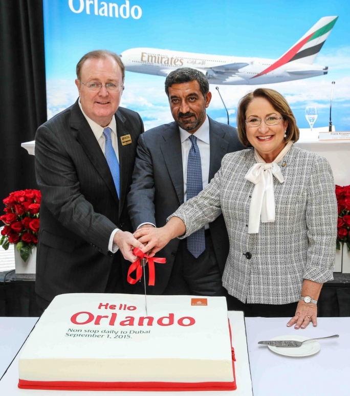 From left) Frank Kruppenbacher, Chairman of the Greater Orlando Aviation Authority, Sheikh Ahmed bin Saeed Al Maktoum, Chairman and Chief Executive of Emirates Airline & Group, and Teresa Jacobs, Orange County Mayor