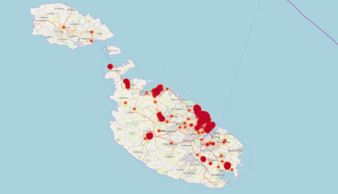 A heatmap showing pickpocketing hot spots around Malta