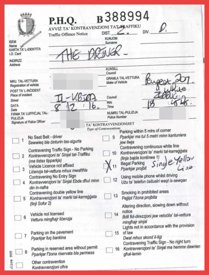 A police contravention for parking on a single yellow line was found in one applicant's 'links to Malta' folder