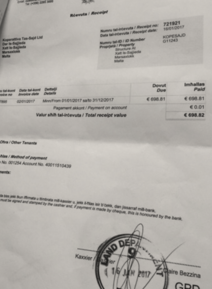 Angelic Mifsud says this invoice, presented in court as evidence that the co-operative has paid its rent to the Lands Authority, in fact carries the address of another fishing co-operative in Marsaxlokk