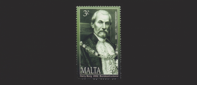 A postage stamp bearing a portrait of Sir Adrian Dingli