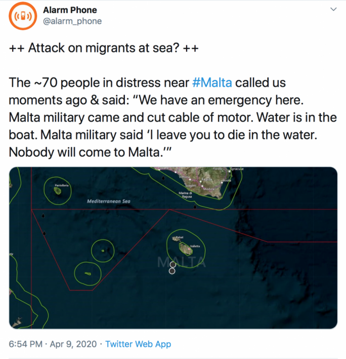 Alarm Phone's tweet on 9 April when the claims of sabotage were first made