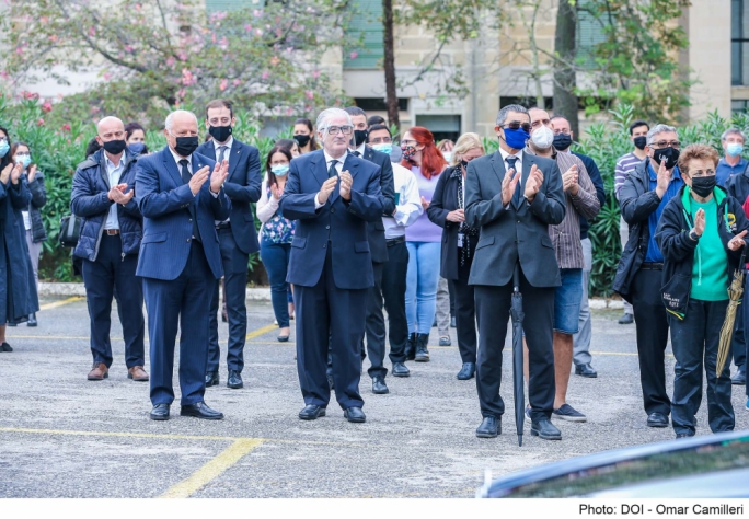 Chancellor David Attard, Rector Alfred Vella, and colleagues at the University of Malta giving their last farewell to Oliver Friggieri