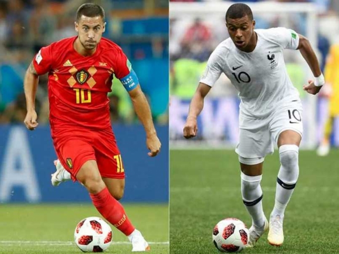 Eden Hazard of Belgium and Kylian Mbappe of France go head to head