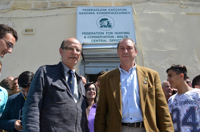 Masters of the hunt: FKNK chief executive Lino Farrugia and president Joe Perici Calascione at the Msida offices of the hunting lobby. Photo: John Pisani