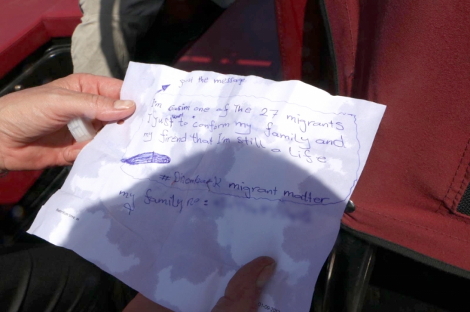‘Please tell my family I am alive’ – one of the Etienne migrants’ message in a bottle. Photo: Karl Azzopardi/Mediatoday
