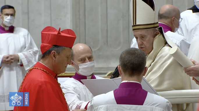 Bishop becomes Cardinal: Mario Grech kneels before Pope Francis