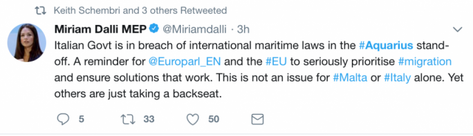 Miriam Dalli has accused the Italian government of breaching international law