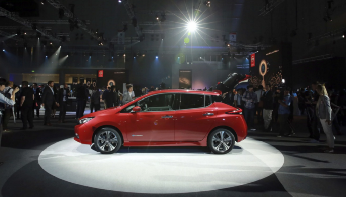 New Nissan Leaf electric vehicle is displayed after the world premiere in Chiba, near Tokyo, today. Photo: Eugene Hoshiko/Associated Press