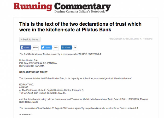 The post in which Daphne Caruana Galizia claims the declaration of trust lists Michelle Muscat as holder of a share in Egrant