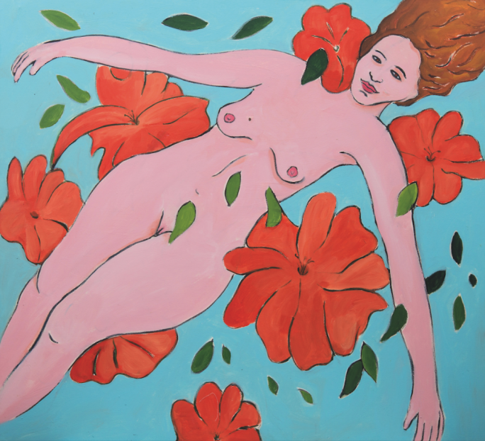 ‘Woman with Flowers’ by Gabriel Buttigieg (105x115cm, acrylic on canvas 2018)