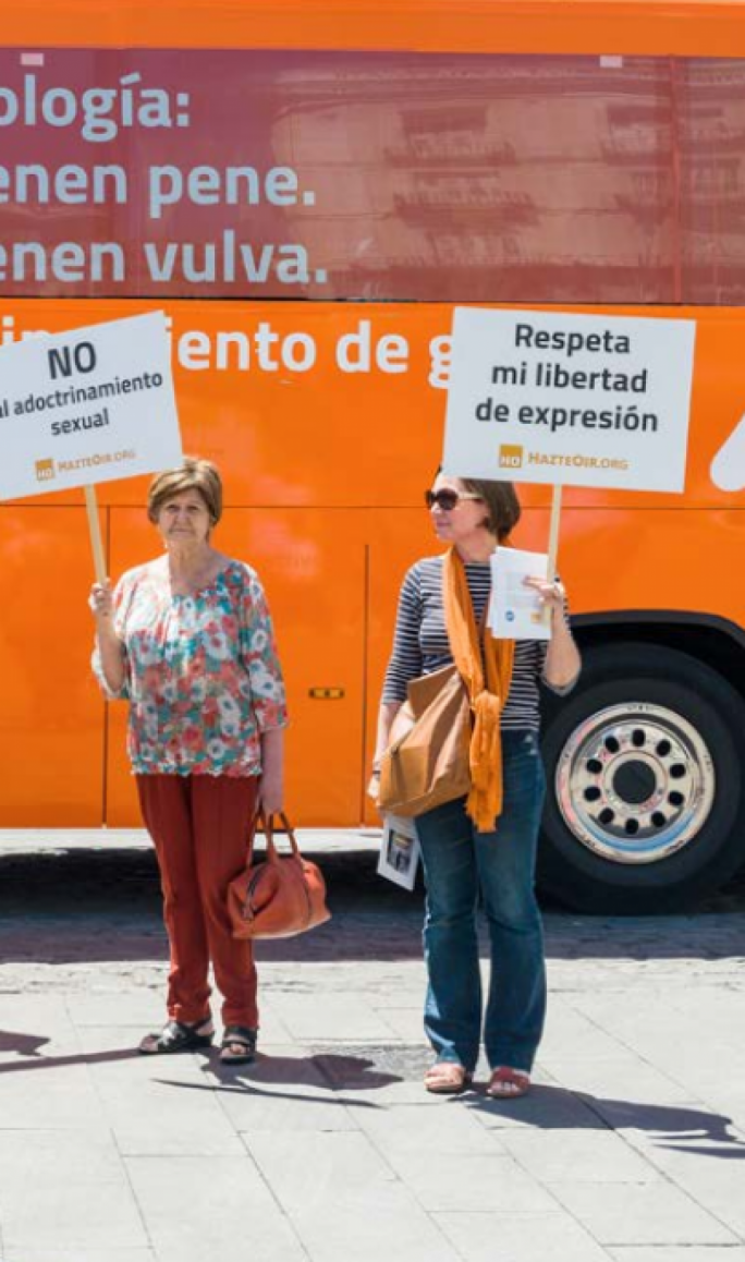 Protestors in Madrid, Spain in 2017; the ‘anti-transgender bus’ has written on the side: Boys have penises, girls have vulvas, say no to gender indoctrination